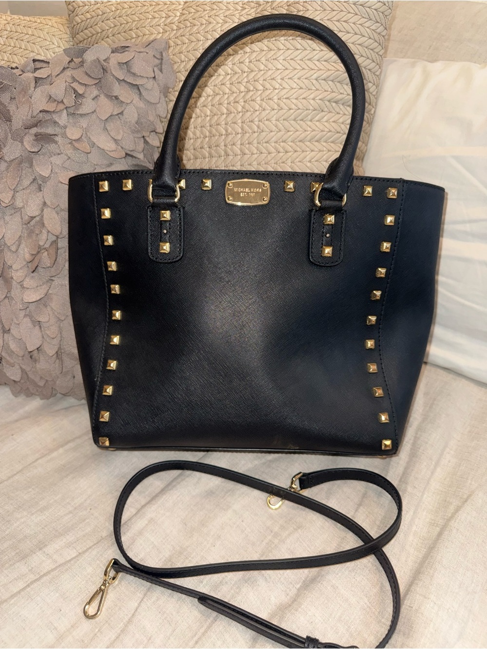 Michael Kors Black Saffiano Studded Tote with Gold Hardware